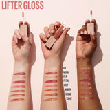 Maybelline Lifter Gloss nude lip gloss shown with a wand and multiple glossy shade swatches on different skin tones