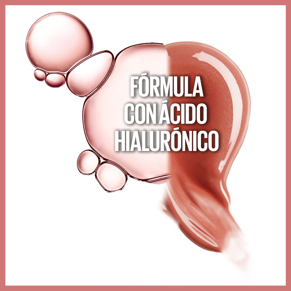 Maybelline Lifter Gloss shown as a glossy nude-pink swatch with bubble graphics and hyaluronic acid formula text