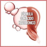 Maybelline Lifter Gloss shown as a glossy nude-pink swatch with bubble graphics and hyaluronic acid formula text