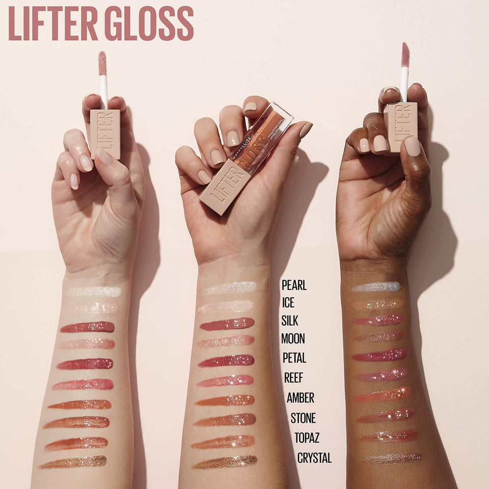Maybelline Lifter Gloss shown in a nude-toned tube with a wand and glossy swatches in varied shades on skin