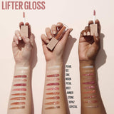 Maybelline Lifter Gloss shown in a nude-toned tube with a wand and glossy swatches in varied shades on skin
