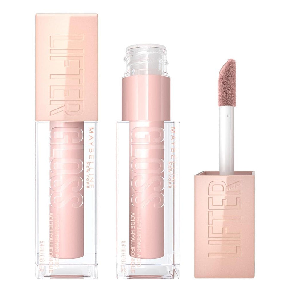 Maybelline Lifter Gloss in pale pink packaging with clear rectangular tubes and a doe-foot applicator coated in nude pink gloss