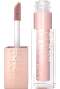 Maybelline Lifter Gloss in pale pink packaging with clear rectangular tubes and a doe-foot applicator coated in nude pink gloss