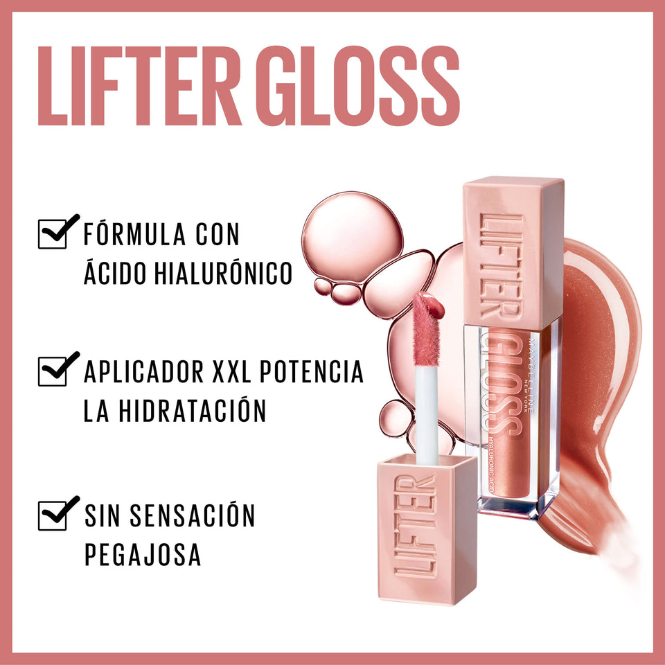 Maybelline Lifter Gloss in a clear tube with pale pink rectangular caps and a large gloss applicator beside glossy swatches