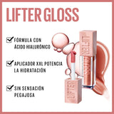 Maybelline Lifter Gloss in a clear tube with pale pink rectangular caps and a large gloss applicator beside glossy swatches