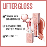 Maybelline Lifter Gloss in a clear tube with blush-pink cap and wand, shown with a glossy nude swatch and hyaluronic acid claims