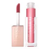 Maybelline Lifter Gloss in pink with a clear rectangular tube, rose-toned cap and matching wand applicator