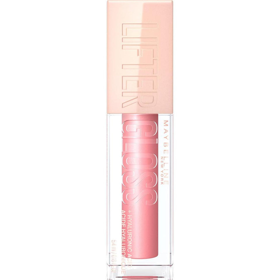Maybelline Lifter Gloss in a clear tube with pink gloss and a pale peach cap, featuring raised lettering