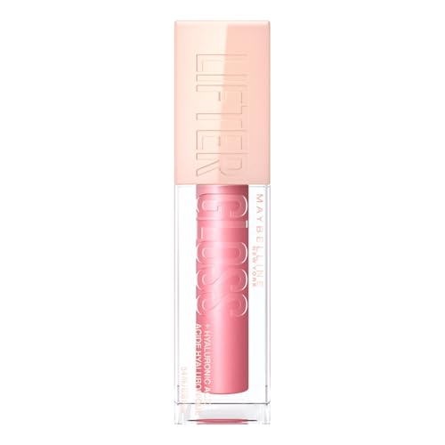 Maybelline Lifter Gloss in a clear tube with pink nude gloss and a pale peach square cap embossed with Lifter
