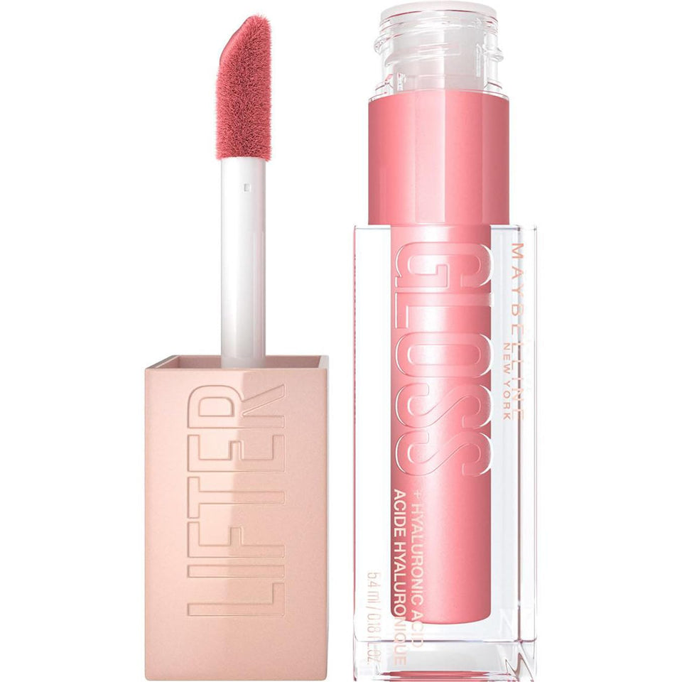 Maybelline Lifter Gloss in a clear tube with pink nude gloss and a matching doe-foot applicator, featuring embossed branding.
