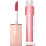 Maybelline Lifter Gloss in a clear tube with pink nude gloss and a matching doe-foot applicator, featuring embossed branding.