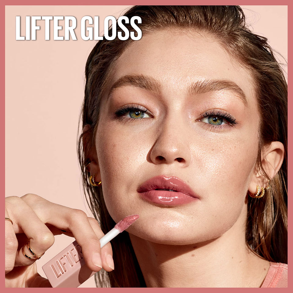 Maybelline Lifter Gloss in a pale pink tube with a white wand and rosy gloss, shown applied on glossy lips