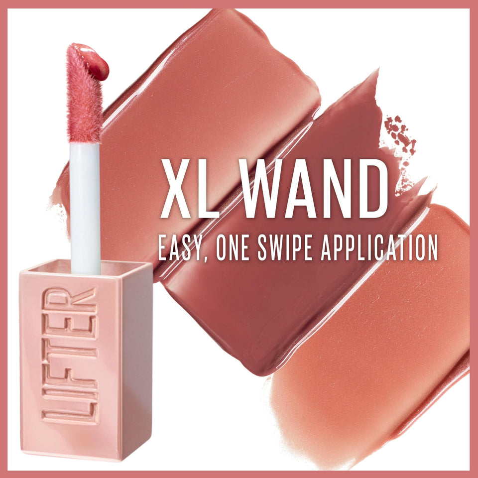 Maybelline Lifter Gloss with a pink XL wand applicator beside glossy nude-pink swatches and one-swipe application text