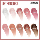 Maybelline Lifter Gloss shade guide showing ten glossy swatches in pale pearl, nude, pink, rose and brown shades