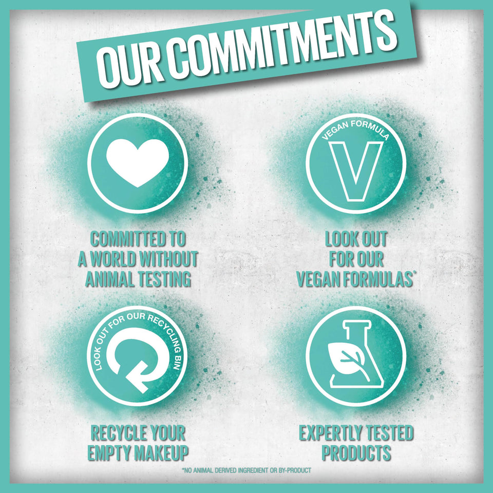 Maybelline Lifter Gloss commitment graphic in teal and white, featuring animal testing, vegan formula, recycling and testing icons