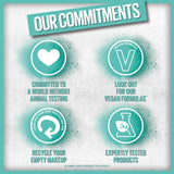 Maybelline Lifter Gloss commitment graphic in teal and white, featuring animal testing, vegan formula, recycling and testing icons