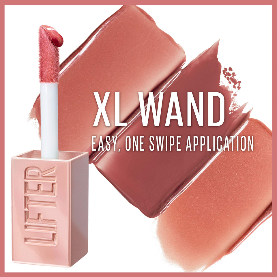Maybelline Lifter Gloss with a pale pink tube, fuzzy XL wand applicator and glossy nude-pink swatches