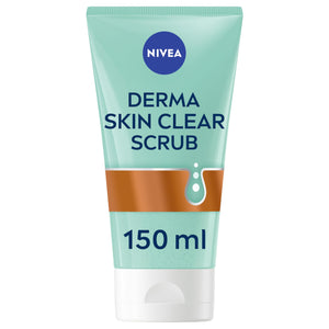 NIVEA Derma Skin Clear Scrub in a mint-green plastic tube with navy lettering, copper band and white flip-top cap.