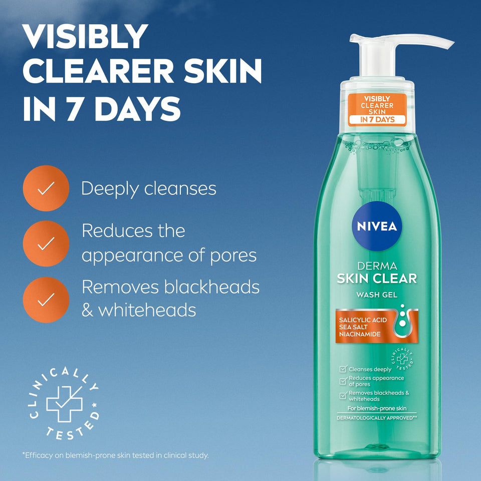 NIVEA Derma Skin Clear Scrub in a clear aqua pump bottle with a white dispenser and orange label accents