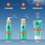 NIVEA Derma Skin Clear Scrub in a turquoise tube with a white cap, orange label accents and blue branding.