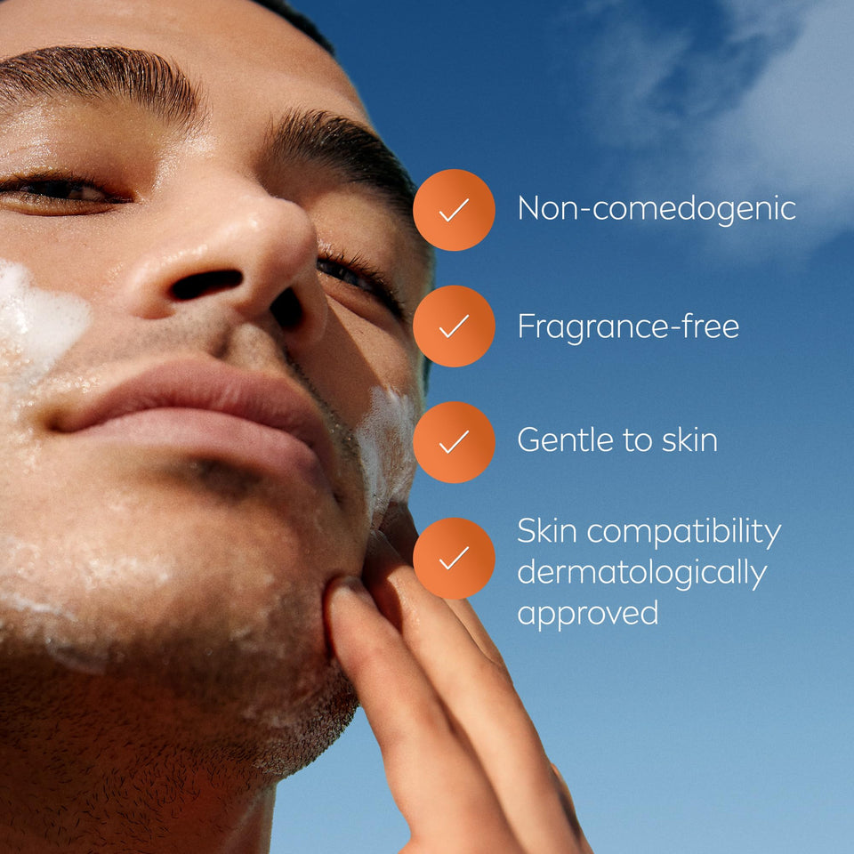 NIVEA Derma Skin Clear Scrub shown as white facial scrub foam on skin, with claims for gentle, fragrance-free use.