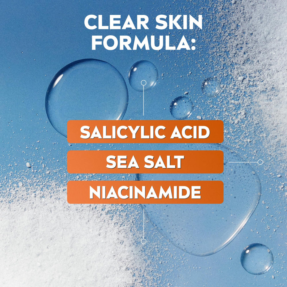 NIVEA Derma Skin Clear Scrub formula graphic highlighting salicylic acid, sea salt and niacinamide in orange labels