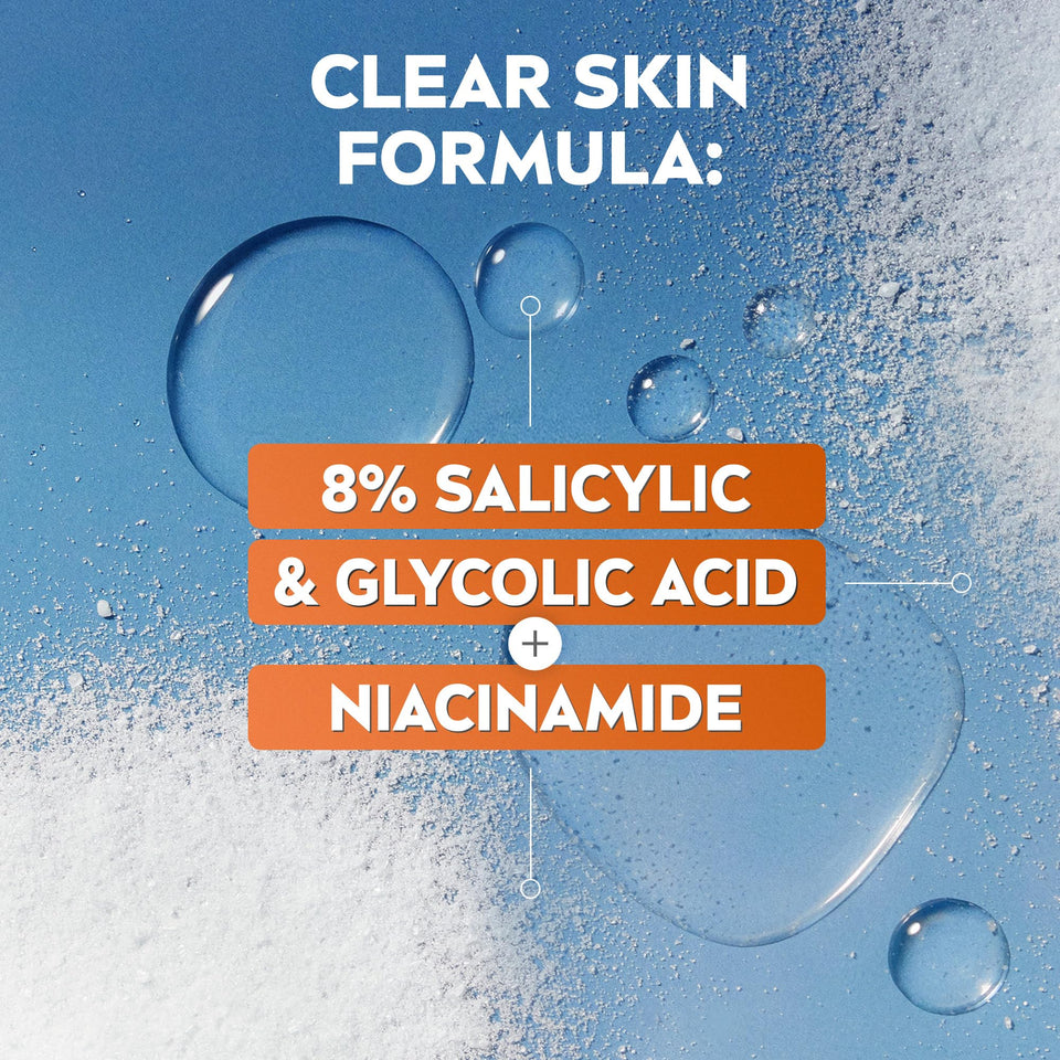 NIVEA Derma Skin Clear Scrub formula graphic highlighting 8% salicylic and glycolic acid with niacinamide