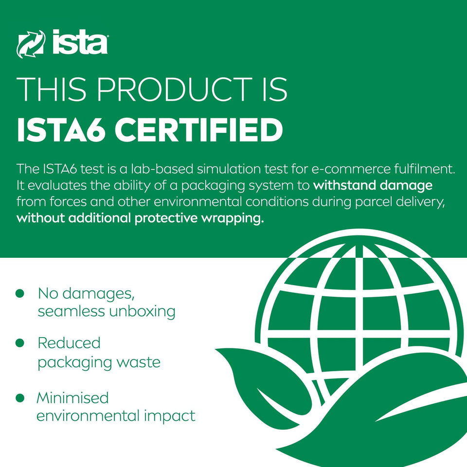 ISTA6 Certified e-commerce packaging badge in green and white, with a globe and leaf graphic and benefit list.