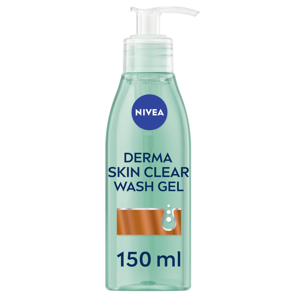 NIVEA Derma Skin Clear Scrub in a translucent mint-green pump bottle, visibly labeled Derma Skin Clear Wash Gel, 150 ml