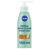 NIVEA Derma Skin Clear Scrub in a translucent mint-green pump bottle, visibly labeled Derma Skin Clear Wash Gel, 150 ml