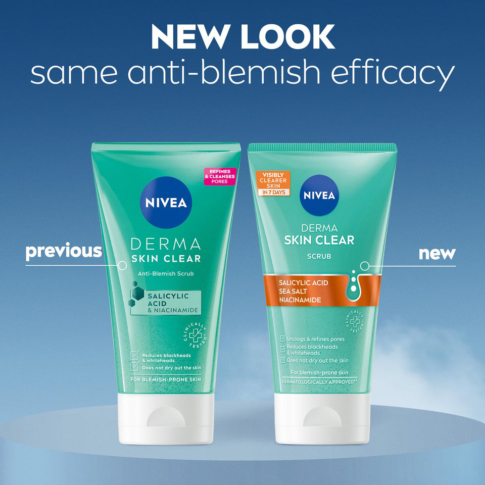Face scrub NIVEA Derma Skin Clear Scrub in a turquoise tube, with a refreshed label and orange ingredient band.