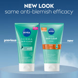 Face scrub NIVEA Derma Skin Clear Scrub in a turquoise tube, with a refreshed label and orange ingredient band.