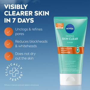 NIVEA Derma Skin Clear Scrub skincare results graphic showing before and after one week, with visibly clearer skin