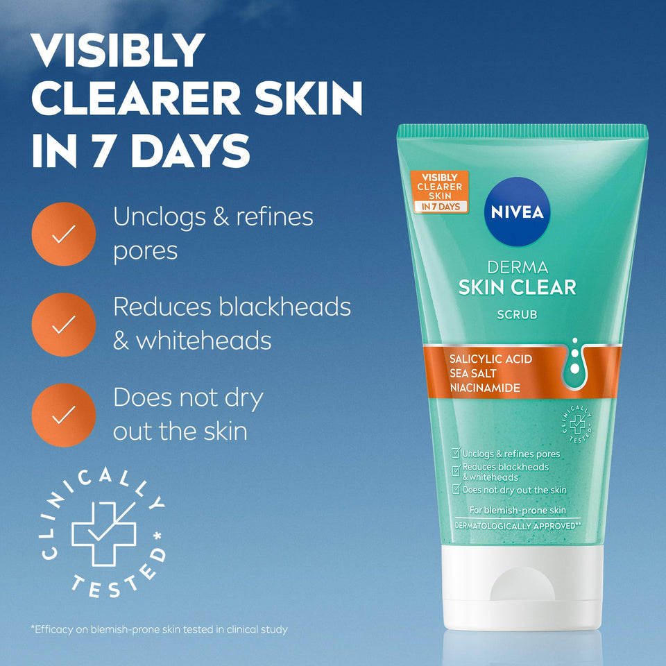 NIVEA Derma Skin Clear Scrub in a turquoise squeeze tube with white flip cap and orange ingredient panel.