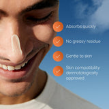 NIVEA Derma Skin Clear Scrub skincare product graphic with a smiling person and claims of quick absorption and gentle skin compatibility.