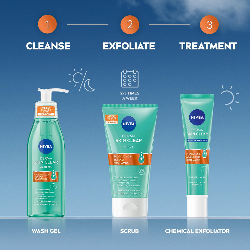 NIVEA Derma Skin Clear Scrub in a turquoise tube with white cap, shown as the exfoliation step in a skincare routine.