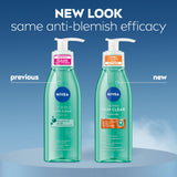 NIVEA Derma Skin Clear Scrub packaging comparison showing two teal pump bottles with white dispensers and updated labels