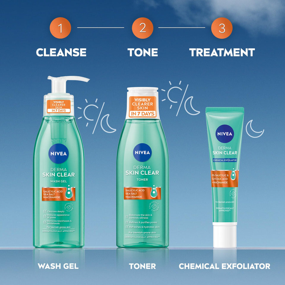 NIVEA Derma Skin Clear Scrub in a turquoise tube with a green cap and orange label, shown as a chemical exfoliator