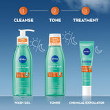 NIVEA Derma Skin Clear Scrub in a turquoise tube with a green cap and orange label, shown as a chemical exfoliator