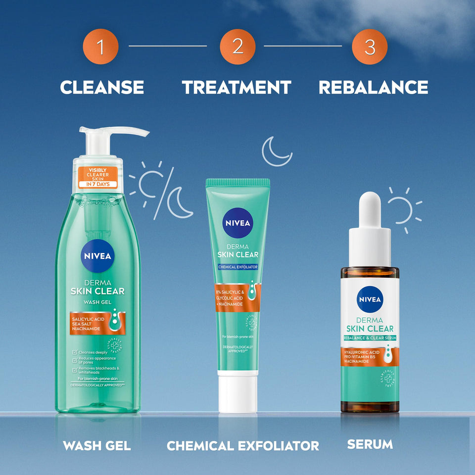 NIVEA Derma Skin Clear Scrub routine packaging with turquoise wash gel, exfoliator tube and serum bottles, white and orange accents