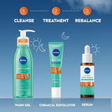 NIVEA Derma Skin Clear Scrub routine packaging with turquoise wash gel, exfoliator tube and serum bottles, white and orange accents