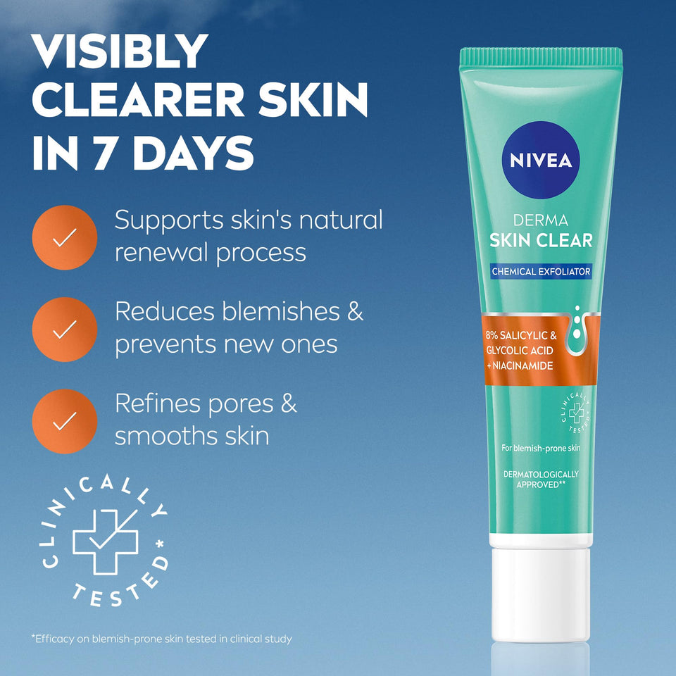NIVEA Derma Skin Clear Scrub in a turquoise tube with a white cap and blue and orange label accents