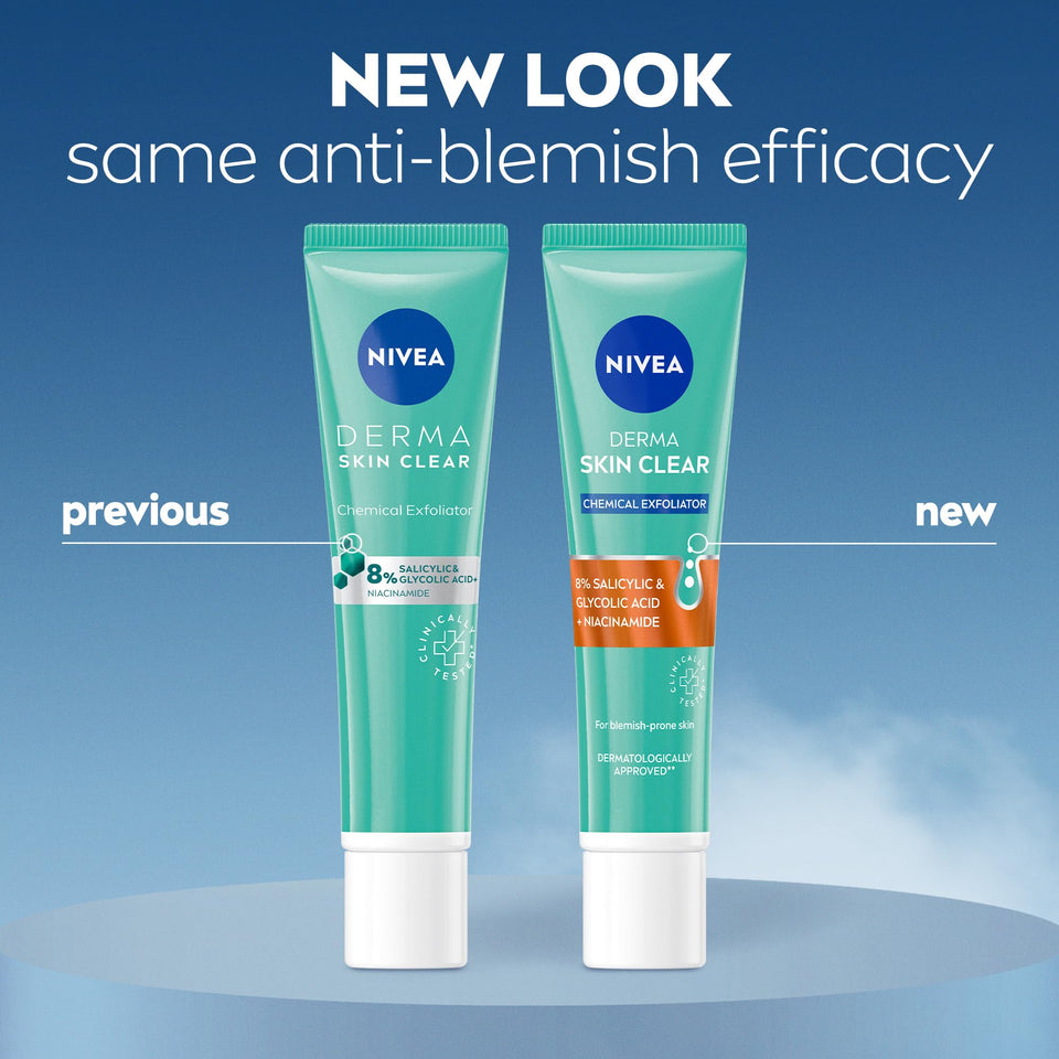 NIVEA Derma Skin Clear Scrub tubes in turquoise with white caps, shown in previous and new packaging