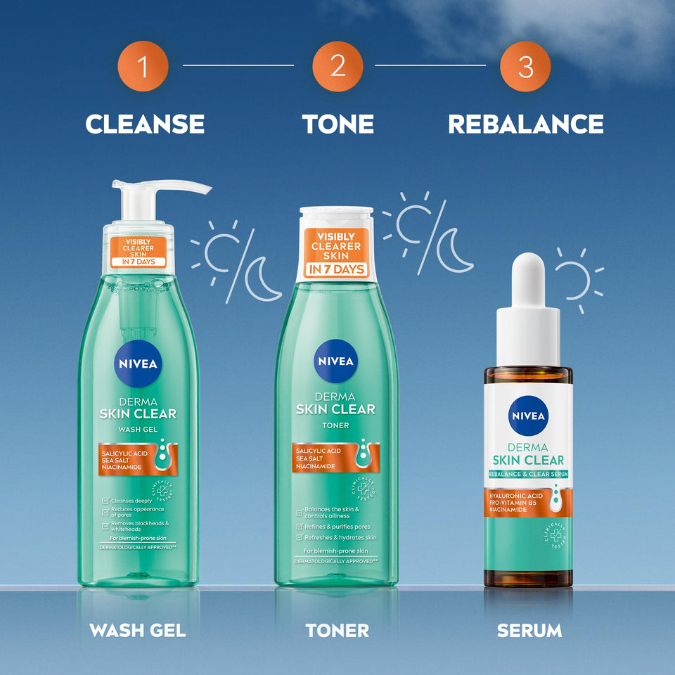 NIVEA Derma Skin Clear Scrub skincare range shown as turquoise wash gel and toner bottles with an amber serum dropper
