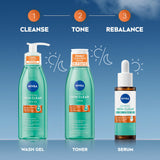 NIVEA Derma Skin Clear Scrub skincare range shown as turquoise wash gel and toner bottles with an amber serum dropper