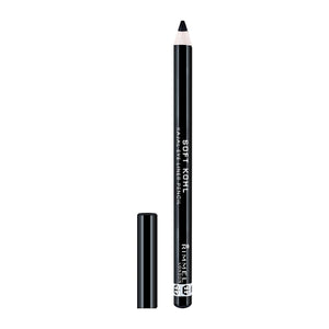 Rimmel London Soft Kohl eyeliner pencil in jet black, with a sharpened tip, glossy black barrel and matching cap.