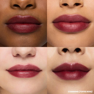 Wonderskin Wonder Blading Lip stain in cool rose pink, shown as a matte finish on lips in two shades.