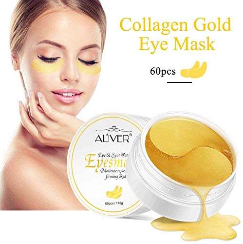 24K Gold Under Eye Masks, gold-colored collagen gel pads shown on a model and in a 60-piece jar