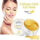 24K Gold Under Eye Masks, gold-colored collagen gel pads shown on a model and in a 60-piece jar