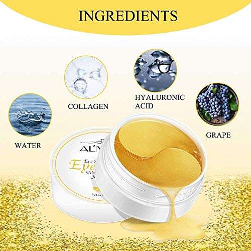 24K Gold Under Eye Masks, two curved gold gel pads in an open white jar with water, collagen, hyaluronic acid and grape ingredient graphics